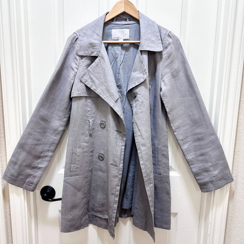 Old Navy Women’s Coat S Gray Linen Cotton Blend Double Breasted Lightweight